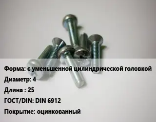 Винт с уменьшенной цилиндрической головкой 4х25 DIN 6912 оцинкованный